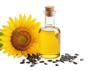 Sunflower oil in glass bottle with sunflower and seeds isolated on transparent background