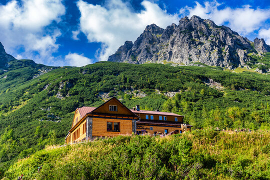 A detailed view of the iconic wooden mountain hut "Chata pri Zelenom plese" situated under steep rocky peaks. Surrounded by lush green pine shrubs and wild meadows in the Tatra National Park, Slovakia