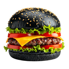 A close-up of a dark burger with sesame seeds, cheese, tomatoes, and lettuce