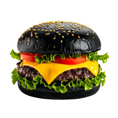 A delicious, dark burger with vibrant toppings and sesame seeds against a black background