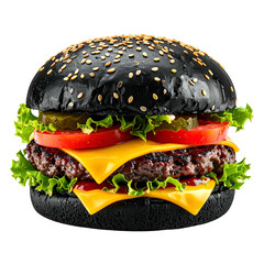 A vibrant, close-up shot of a unique, fully-loaded burger with a black bun on a black backdrop