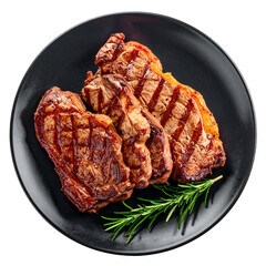 Grilled steak cuts with grill marks, served on a black plate, garnished with fresh rosemary
