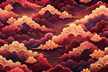 Vibrant clouds and mountains in warm sunset hues seamlessly blend