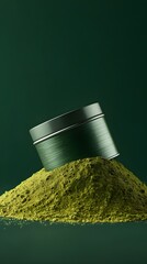 Green metal tin mockup placed on a pile of organic matcha powder over dark background
