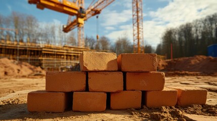 Clay bricks stacked at construction site crane and building in background