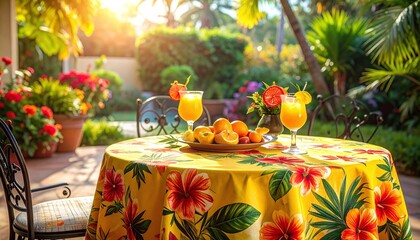 Fototapeta premium Experience a vibrant tropical breakfast with refreshing citrus cocktails and fresh fruits on a floral table, bathed in warm golden sunlight within a lush, serene garden paradise.