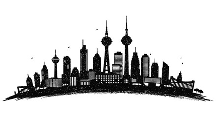 Naklejka premium A striking black silhouette of a city skyline against a colorful watercolor wash background