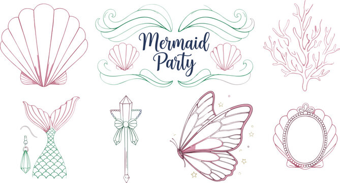 Mermaid party decorative set featuring seashell outlines coral branches mermaid tail butterfly wings and magical crystal wand illustrations