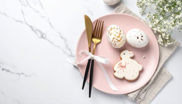 Easter table setting with pink plate, golden cutlery, decorated eggs, and bunny cookie