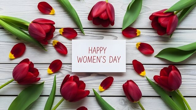 Happy women's day celebration with red tulips and floral arrangement