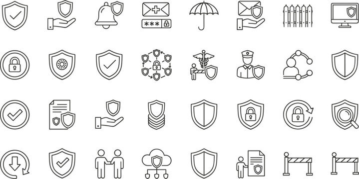 Professional security and insurance line icon set featuring shield protection symbols, digital privacy locks, safety umbrella icons, secure cloud data, and legal defense elements.