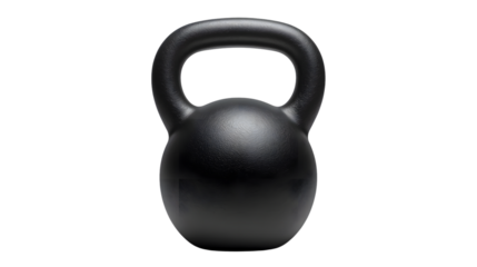 Black kettlebell with matte finish in studio lighting on white background for fitness and strength training advertisement