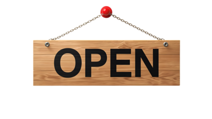 Wooden open sign hanging from red pin on chain in soft natural lighting for retail storefront signage and business marketing