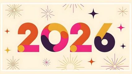 Modern 2026 New Year Poster with Abstract Geometric Typography and Minimalist Line Art Fireworks 
Trendy Flat Vector 2026 Illustration featuring Bold Blocky Numbers and Colorful