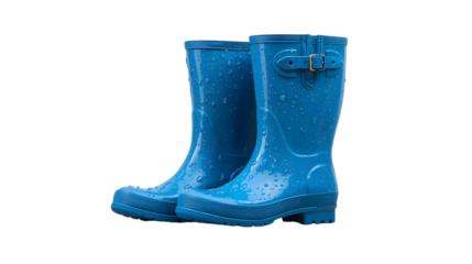 Blue rain boots with buckle and water droplets in bright studio lighting on white background for outdoor apparel advertising