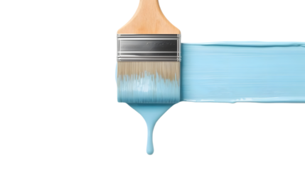 Paintbrush applying vibrant blue paint with drips on white background in studio lighting for home decor and DIY projects