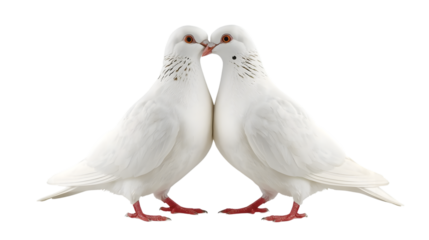 Two white doves kissing in romantic pose with soft natural lighting on isolated white background for wedding decor