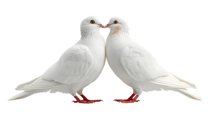 Two white doves kissing in soft romantic pose with gentle warm lighting on isolated white background for love and peace symbolism