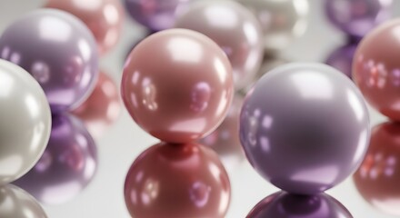 Close up of several shiny iridescent metallic spheres in soft pastel pink and purple hues creating an abstract celebratory background texture