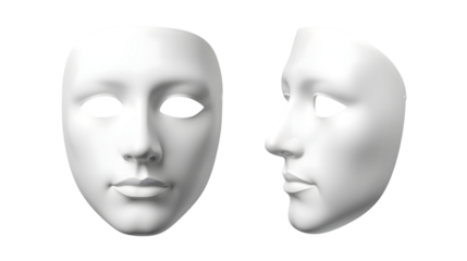 White blank human masks in different angles with neutral expression in soft studio lighting for advertising and branding purposes