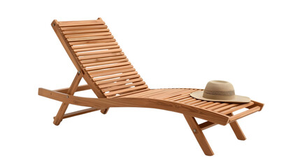 Wooden sun lounger with straw hat in warm natural lighting on white background for outdoor furniture advertising