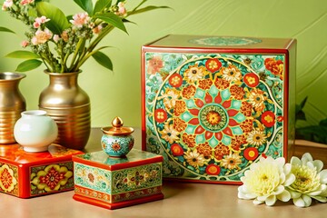 Vibrant floral patterned boxes and vases on a table with flowers