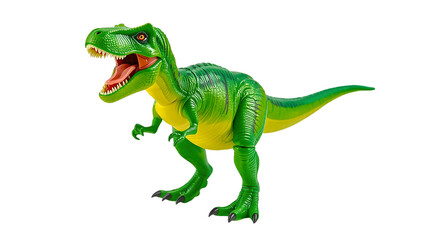 Plastic toy T-Rex dinosaur figurine in bright green and yellow colors with detailed texture in studio lighting for childrens play and education