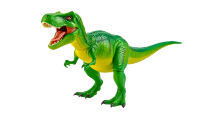 Plastic toy T-Rex dinosaur figurine in bright green and yellow colors with detailed texture in studio lighting for childrens play and education