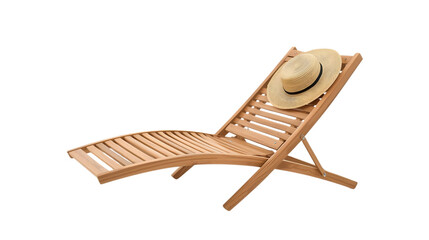 Wooden lounge chair with straw hat in minimalist design, soft natural lighting, high resolution, for outdoor furniture advertising and relaxation