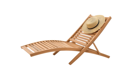 Wooden lounge chair with straw hat in minimalist design, soft natural lighting, high resolution, for outdoor furniture advertising and relaxation