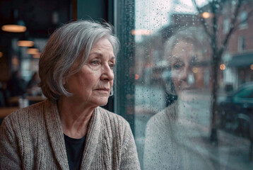 A serious elderly Caucasian woman with short gray hair and a knit cardigan gazes out a window covered in raindrops, seeing her reflection in the glass while appearing lonely or deep in thought.