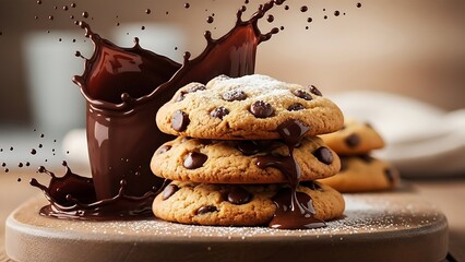 A stack of chocolate chip cookies on a plate with melted chocolate