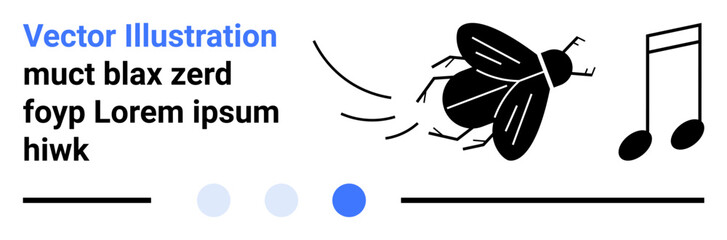 Black flying insect with detailed wings, motion trails, and music notes representing sound. Ideal for science, nature, sound effects, entomology, motion, creativity and a simple landing page © robu_s