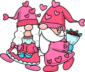 Valentine Gnomes Couple with Flowers Cartoon