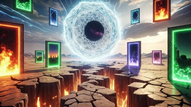 Glowing dimensional portals open to different realities in a cracked surreal landscape.