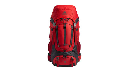 Red hiking backpack with black accents in studio lighting on white background for outdoor adventure and travel