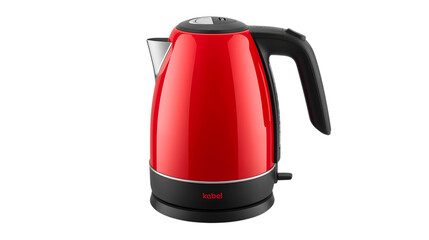 Red electric kettle with black handle and base in modern minimalist design on white background for kitchen appliances advertising