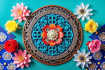 Vibrant floral arrangement with decorative plate on teal background