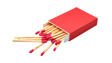 Red matchbox with wooden matches spilling out in vibrant color on white background for advertising and packaging design
