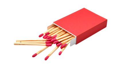 Red matchbox with wooden matches spilling out in vibrant color on white background for advertising and packaging design