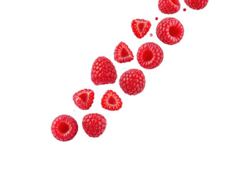 Luscious, glistening red raspberries, whole and fragmented, showing pulp and tiny seeds, floating mid-air on a transparent studio background with soft reflection. Concept of natural purity and