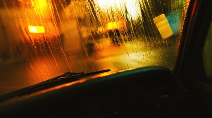 Rainy night cityscape view from vehicle warm toned lights blurred through wet glass