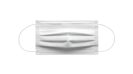 White disposable face mask with elastic ear loops in a clean studio shot with soft natural lighting for healthcare and hygiene advertising