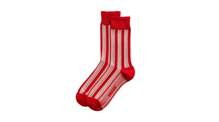 Red striped socks with white stripes in playful casual style on white background for fashion apparel advertising