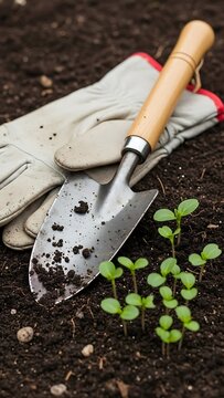 Gardening trowel and beige work gloves resting on dark soil next to a cluster of small green seedlings Keywords: gardening, trowel, shovel, gloves, soil, seedlings, plants, tools, equipment