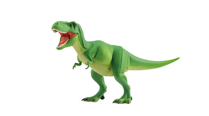 Green plastic toy T-Rex dinosaur with open mouth in dynamic pose on white background with soft studio lighting for childrens education