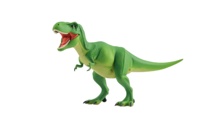 Green plastic toy T-Rex dinosaur with open mouth in dynamic pose on white background with soft studio lighting for childrens education