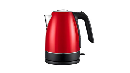 Red electric kettle with black handle and base in modern minimalist style on white background for kitchen appliances advertising