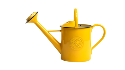 Vintage yellow metal watering can with long spout and handle in bright sunny lighting on white background for gardening and home decor