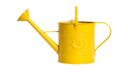 Bright yellow metal watering can with long spout and handle in vintage style on white background for gardening and outdoor decor